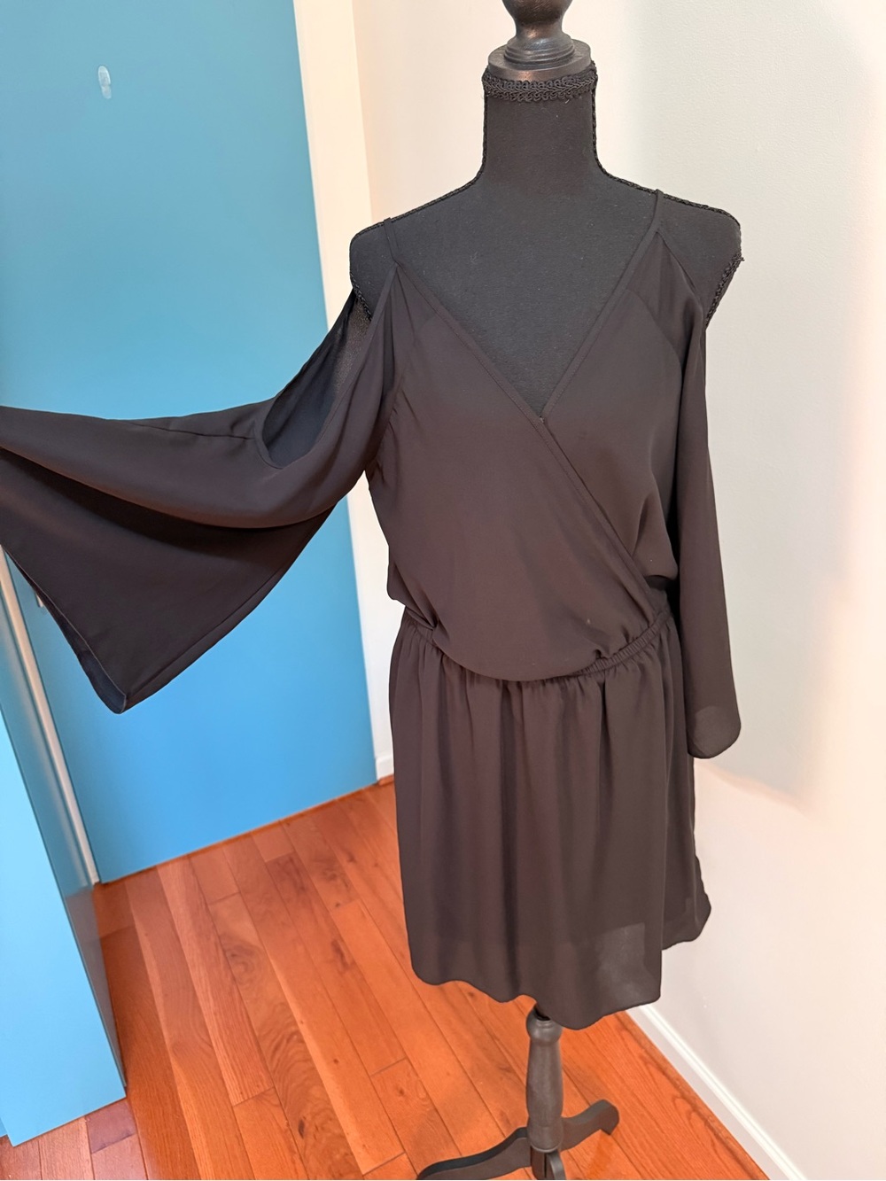 Sans Souci Black Cold-Shoulder Wrap Mini Dress